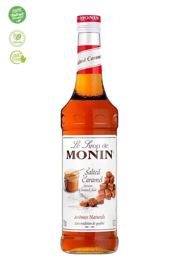 Monin Tuzlu Karamel Şurubu, Tuzlu Karamel Aroması, Kahve şurubu, Tatlı içecek aroması, Kokteyl şurubu, Vegan içecek malzemesi